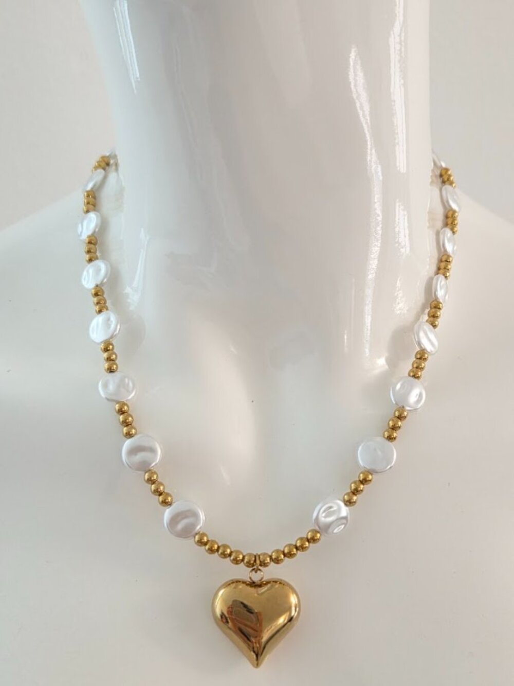 Gold Puffy Heart Pendant Necklace Pearl Coin Beads Stainless Steel Modern